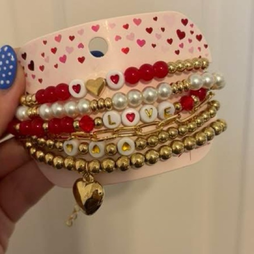 Gold and Red Beaded Love Bracelet Set